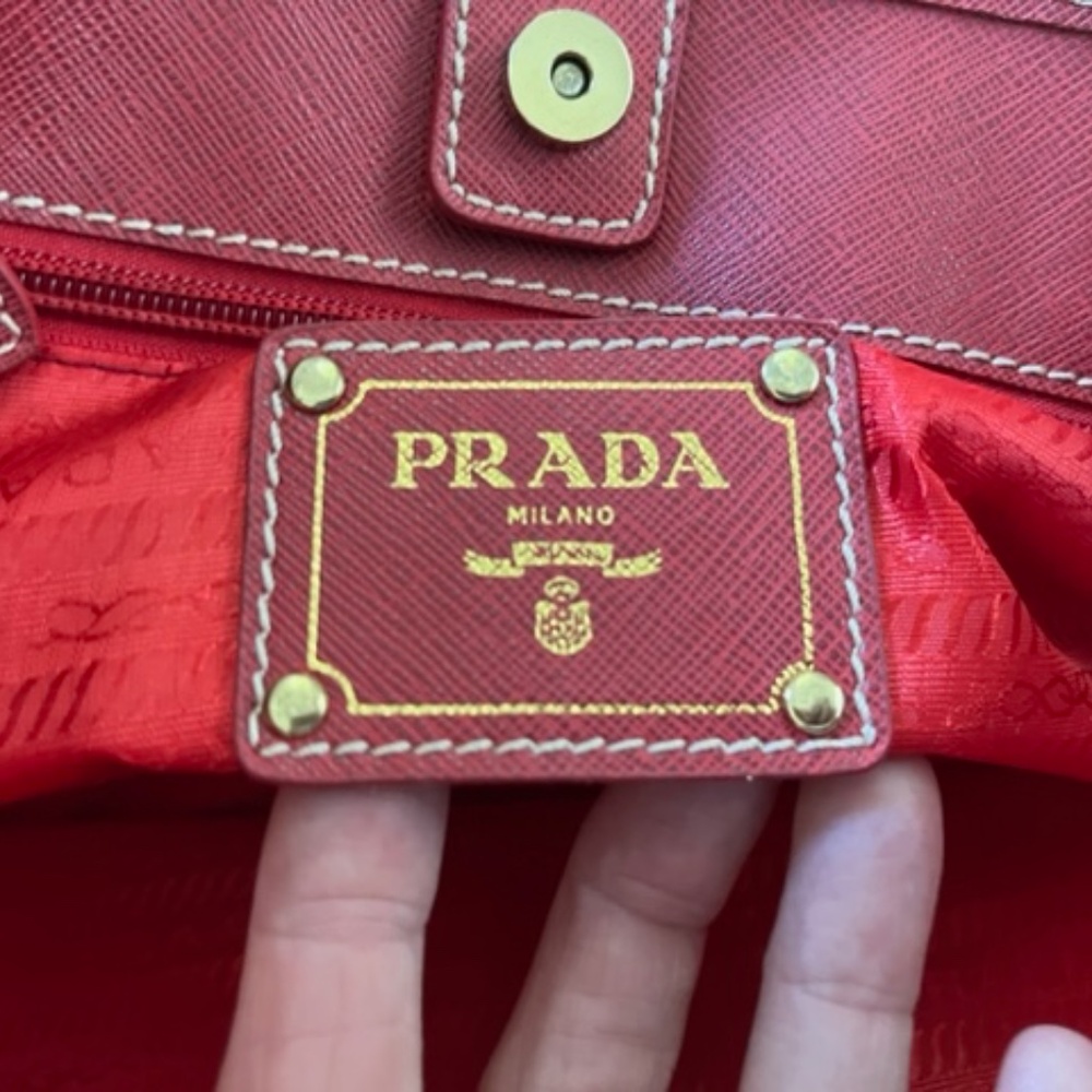 Prada Red Nylon and Leather Gold Lasercut Logo Shopper Tote. Rare color!